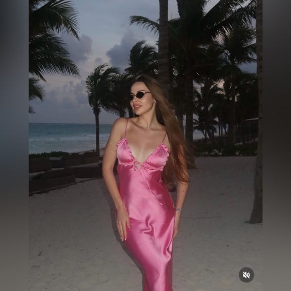 Zara long dress maxi hot pink satin lingerie evening party wedding holiday - Picture 7 of 16